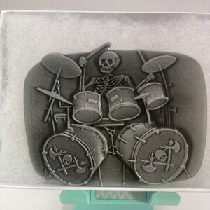 Silver Tone Skull Skeleton Playing Drums Belt Buckle Biker Heavy Metal Rock